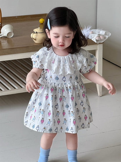 半袖ワンピース レースラッフル襟プリント半袖ガーリーワンピース【mh0009917】