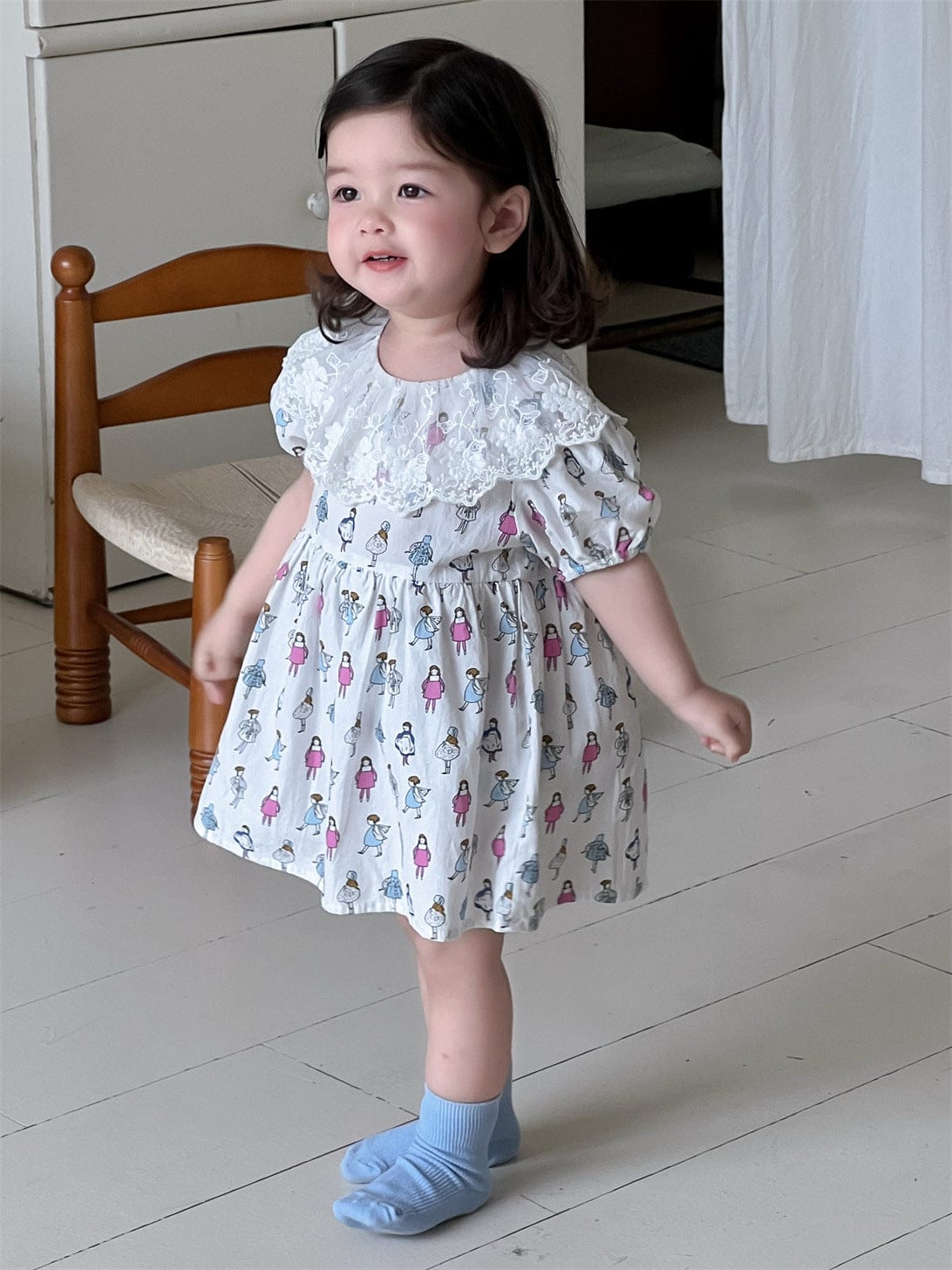 半袖ワンピース レースラッフル襟プリント半袖ガーリーワンピース【mh0009917】