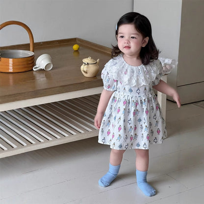 半袖ワンピース レースラッフル襟プリント半袖ガーリーワンピース【mh0009917】