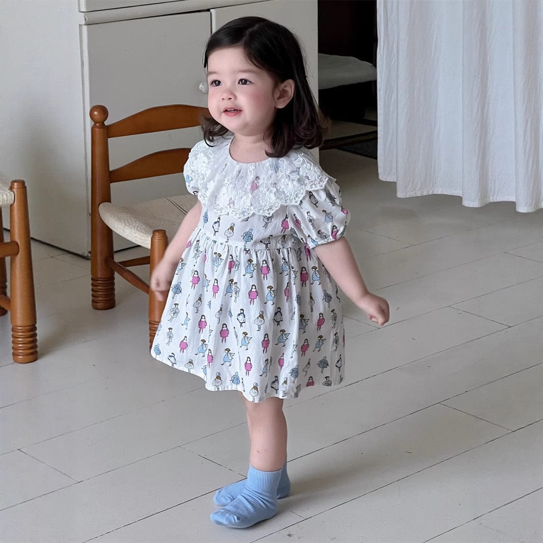 半袖ワンピース レースラッフル襟プリント半袖ガーリーワンピース【mh0009917】