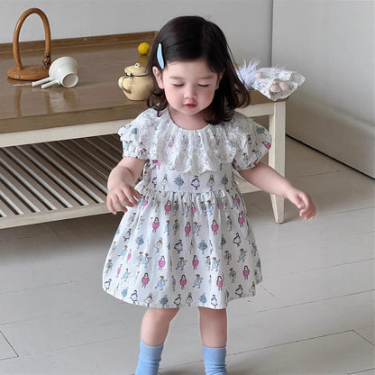 半袖ワンピース レースラッフル襟プリント半袖ガーリーワンピース【mh0009917】