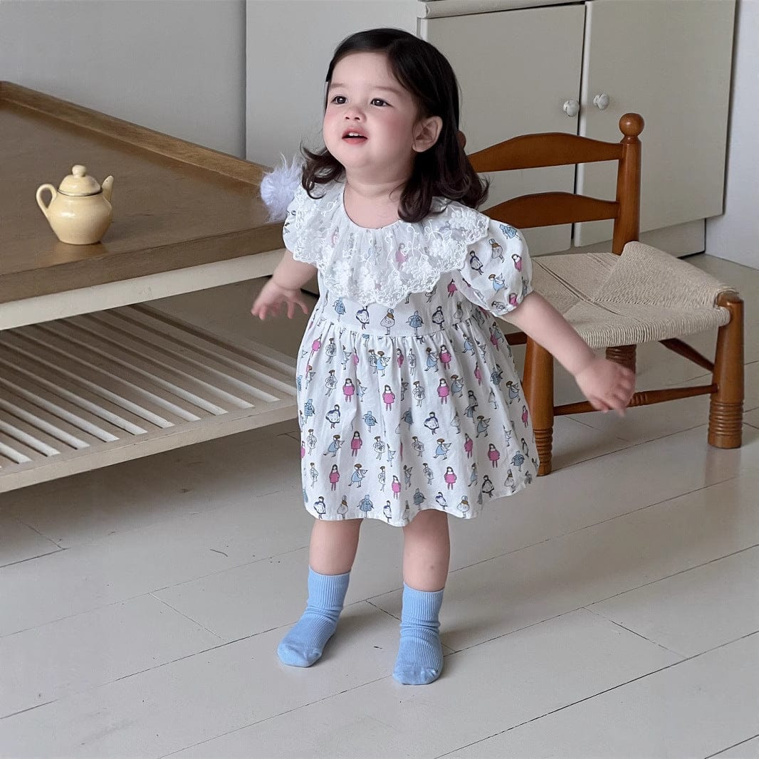 半袖ワンピース レースラッフル襟プリント半袖ガーリーワンピース【mh0009917】