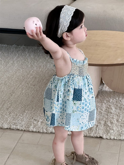 ノースリーブワンピース チェックフラワーパッチワークキャミソールワンピース【mh0009922】