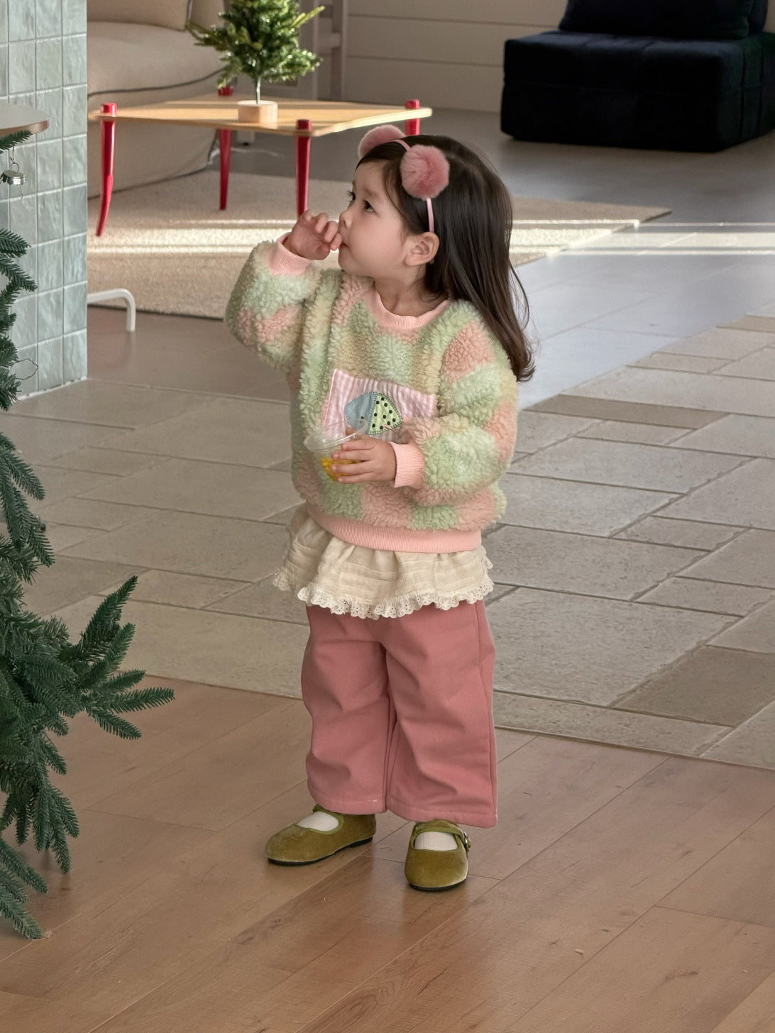 長袖セットアップ カラフルチェックボアスウェット/裏フリースパンツ【mh0011930】