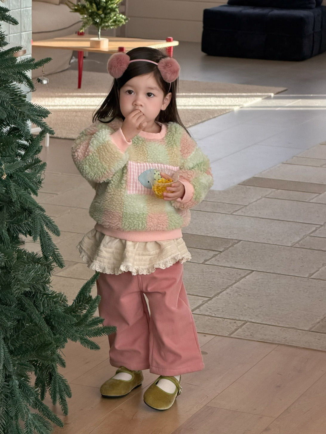 長袖セットアップ カラフルチェックボアスウェット/裏フリースパンツ【mh0011930】