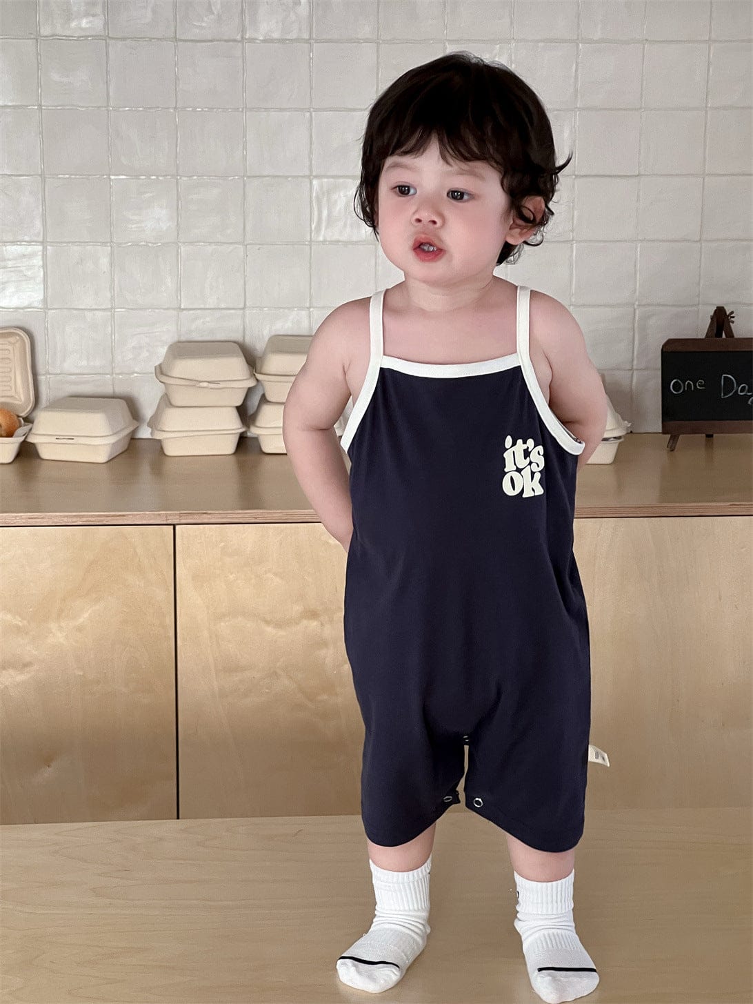 ノースリーブジャンプスーツ Navy / 66cm ロゴプリントキャミソールジャンプスーツ【mh0009912】