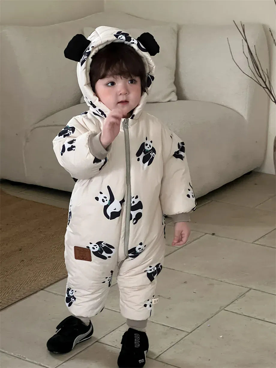 アウタージャンプスーツ panda / 6M  66CM ベビーアウタージャンプスーツ ぱんだプリントキルティング耳付きフーディシンプルジップアップロンパース【mh0007972】
