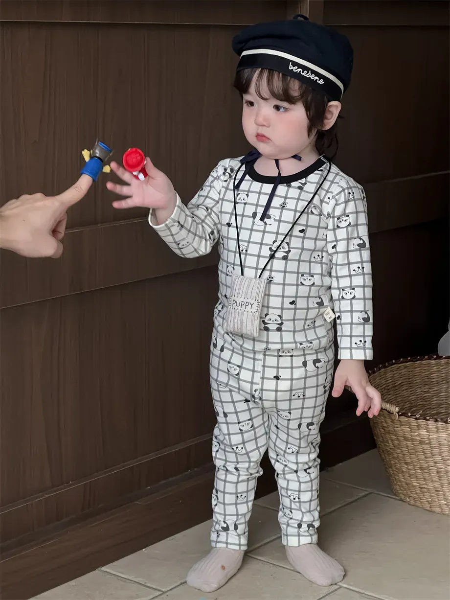 長袖パジャマ panda / 9M  73CM ベビーキッズパジャマセット アニマルプリント長袖Tシャツ+ロングパンツ【mh0007978】