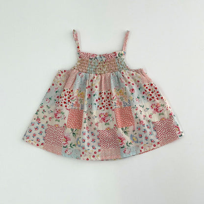 ノースリーブワンピース Pink / 66cm チェックフラワーパッチワークキャミソールワンピース【mh0009922】