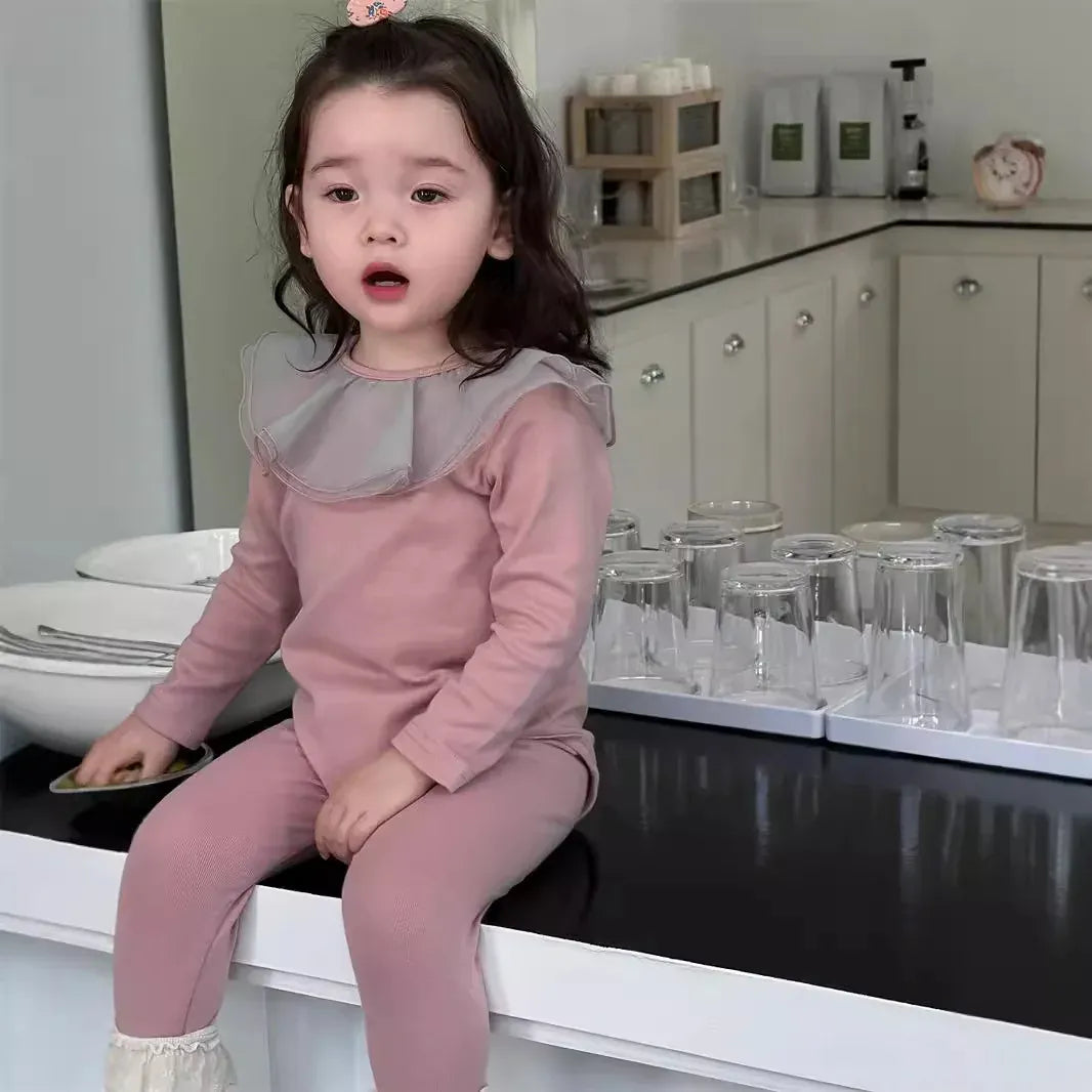 ロンパースセットアップ Pink / 6M  66CM ベビーセットアップ 2点セット シフォンサークル襟長袖ロンパース+レギンスパンツ 3カラー【mh0007203】
