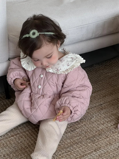 長袖ロンパース Pink / 6M  66CM ベビーアウターロンパース フラワープリントフリル襟キルティング防寒長袖ボディスーツ【mh0007811】