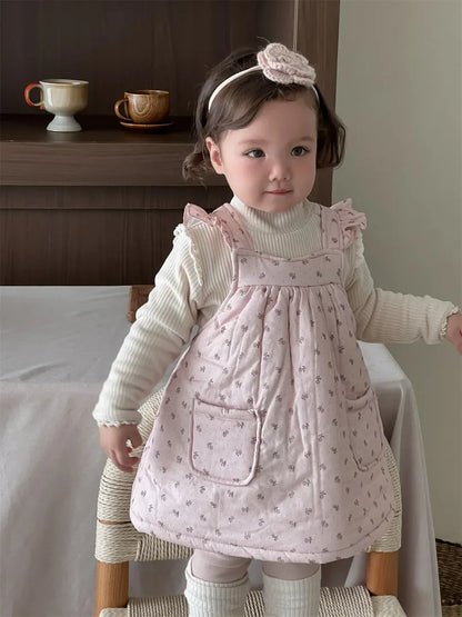 ノースリーブワンピース Pink / 9M  73CM ベビーワンピース フラワー小花柄プリントショルダーフリルキルティングノースリーブワンピース【mh0007814】