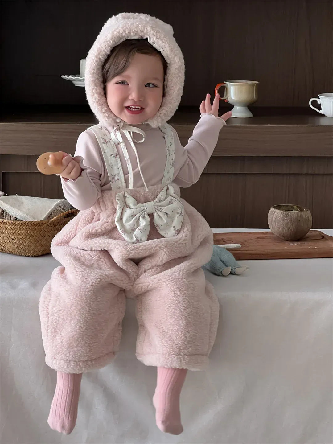 サロペットパンツ・サスペンダーパンツ Pink / 9M  73CM ベビーサロペット ボアフリースビッグリボンサスペンダーパンツ+ボンネット帽子セット【mh0007833】