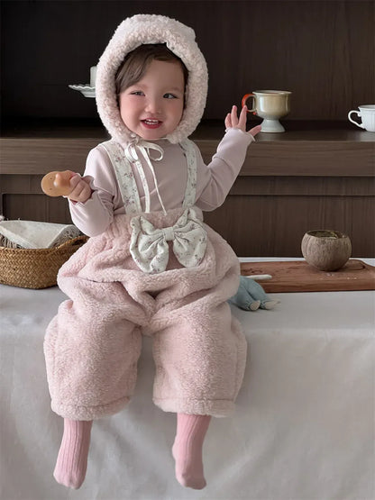 サロペットパンツ・サスペンダーパンツ Pink / 9M  73CM ベビーサロペット ボアフリースビッグリボンサスペンダーパンツ+ボンネット帽子セット【mh0007833】