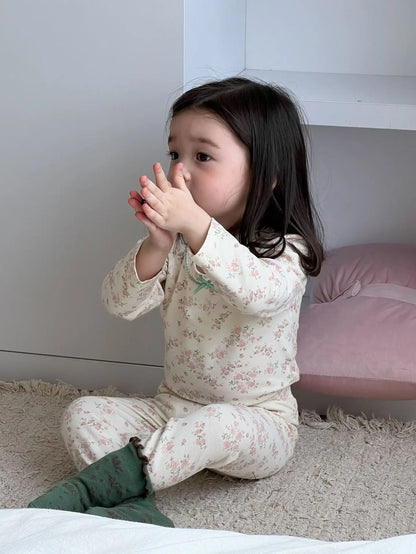 長袖パジャマ pink floral / 9M  73CM ベビーキッズセットアップ 2点セット 長袖パジャマセット プリント長袖Tシャツ+ロングパンツ【mh0008527】