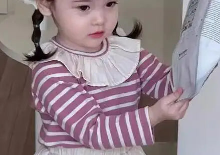 長袖セットアップ pink shirts / 9M  73CM ベビートップス/スカート ラッフル襟ボーダー長袖Tシャツ/フリルミニケーキスカート【mh0008343】