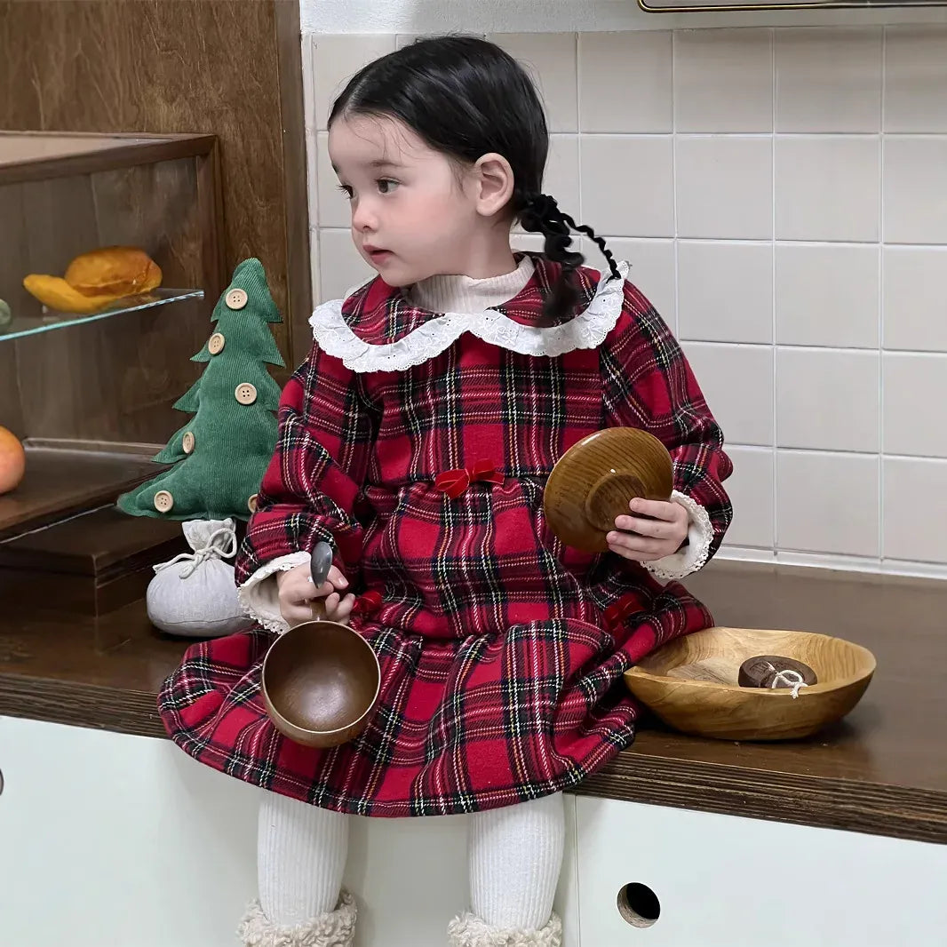 長袖ワンピース Plaid / 9M  73CM ベビーワンピース 無地/チェックレース丸襟裏フリース長袖ワンピース【mh0008106】