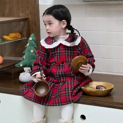 長袖ワンピース Plaid / 9M  73CM ベビーワンピース 無地/チェックレース丸襟裏フリース長袖ワンピース【mh0008106】