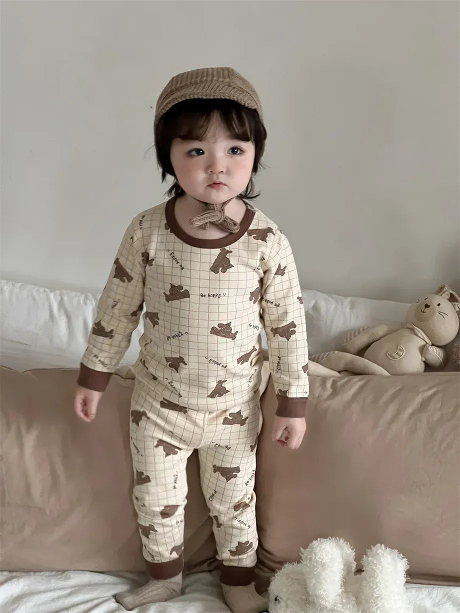 長袖パジャマ plaid bear / 9M  73CM ベビーキッズパジャマセット アニマルプリント長袖Tシャツ+ロングパンツ【mh0007978】