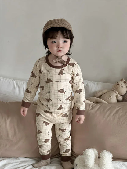 長袖パジャマ plaid bear / 9M  73CM ベビーキッズパジャマセット アニマルプリント長袖Tシャツ+ロングパンツ【mh0007978】