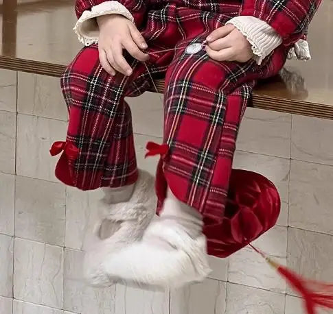 長袖セットアップ plaid pants / 9M  73CM ベビートップス/パンツ 無地/チェックレース丸襟長袖ブラウス/フロントスリットロングパンツ【mh0008105】