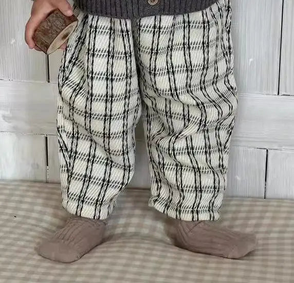 長袖セットアップ plaid Pants / 9M  73CM ベビーカーディガン/パンツ 耳付きフーディニットジャケット/レトロチェックロングパンツ【mh0008113】
