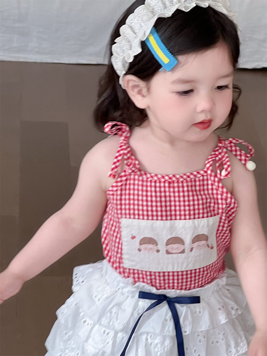 ノースリーブセットアップ Plaid strap T / 73cm チェックキャミソールトップス/レースフリルスカート【mh0009906】