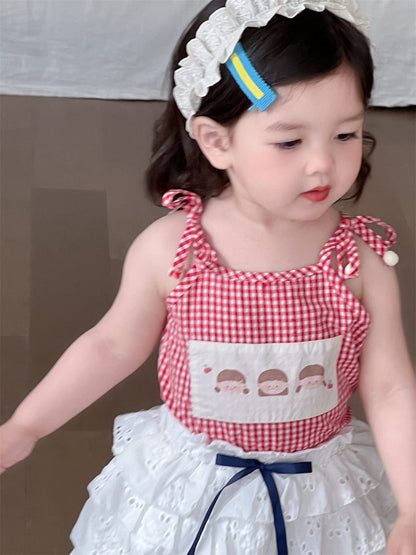 ノースリーブセットアップ Plaid strap T / 73cm チェックキャミソールトップス/レースフリルスカート【mh0009906】