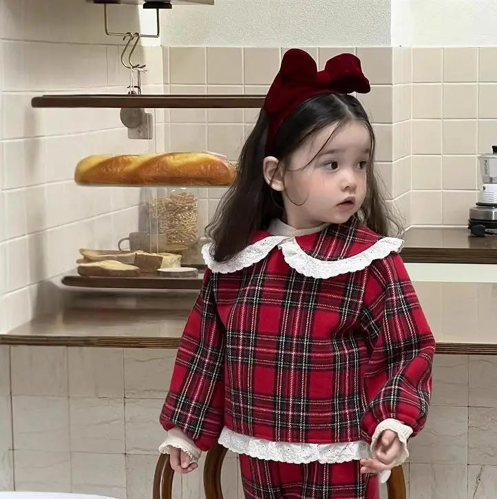 長袖セットアップ plaid tops / 9M  73CM ベビートップス/パンツ 無地/チェックレース丸襟長袖ブラウス/フロントスリットロングパンツ【mh0008105】