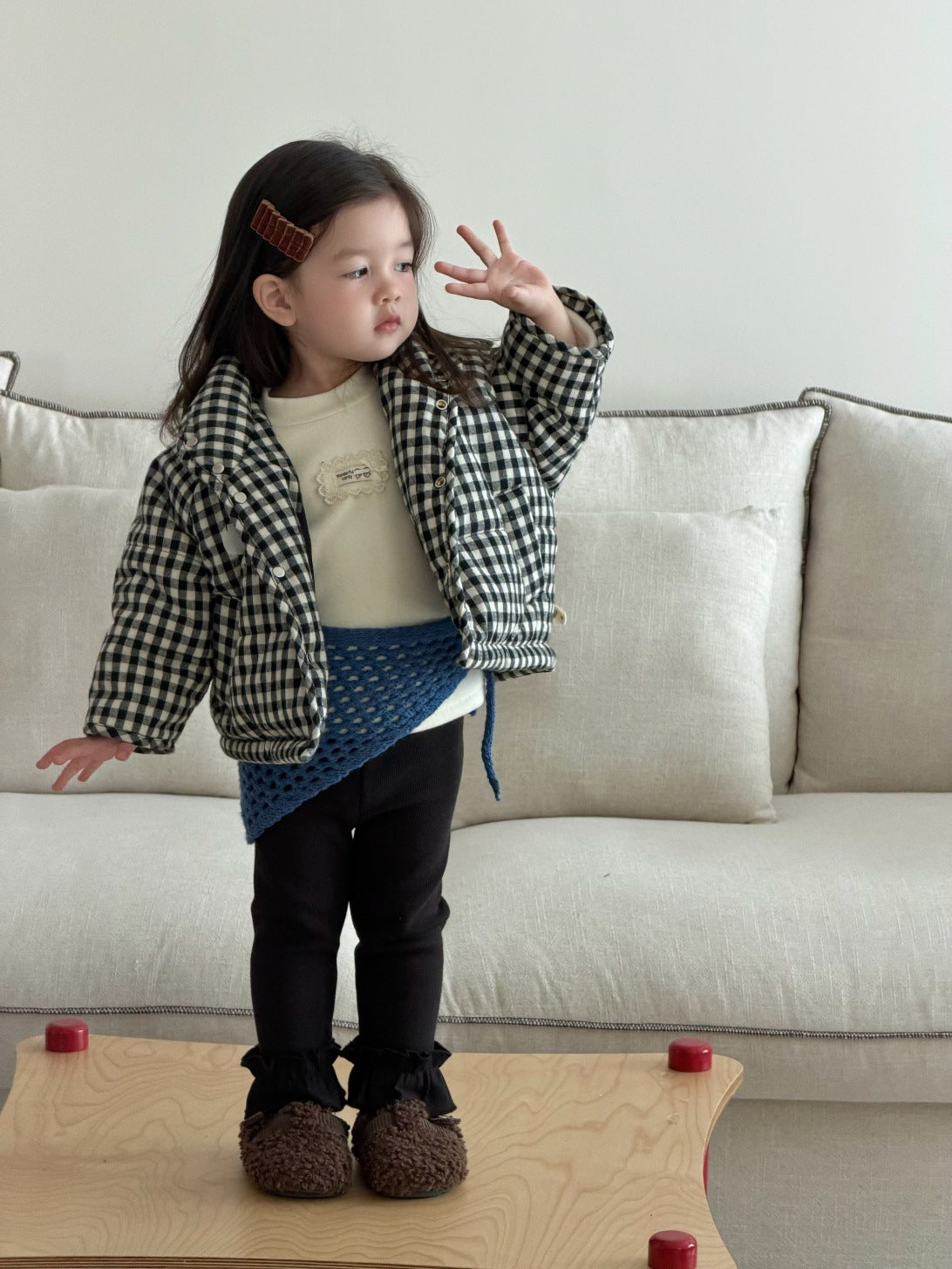 長袖セットアップ Plus fleece bottoming shirt / 73cm チェック中綿ジャケット/長袖フリースTシャツ/フリルレギンスパンツ【mh0011933】