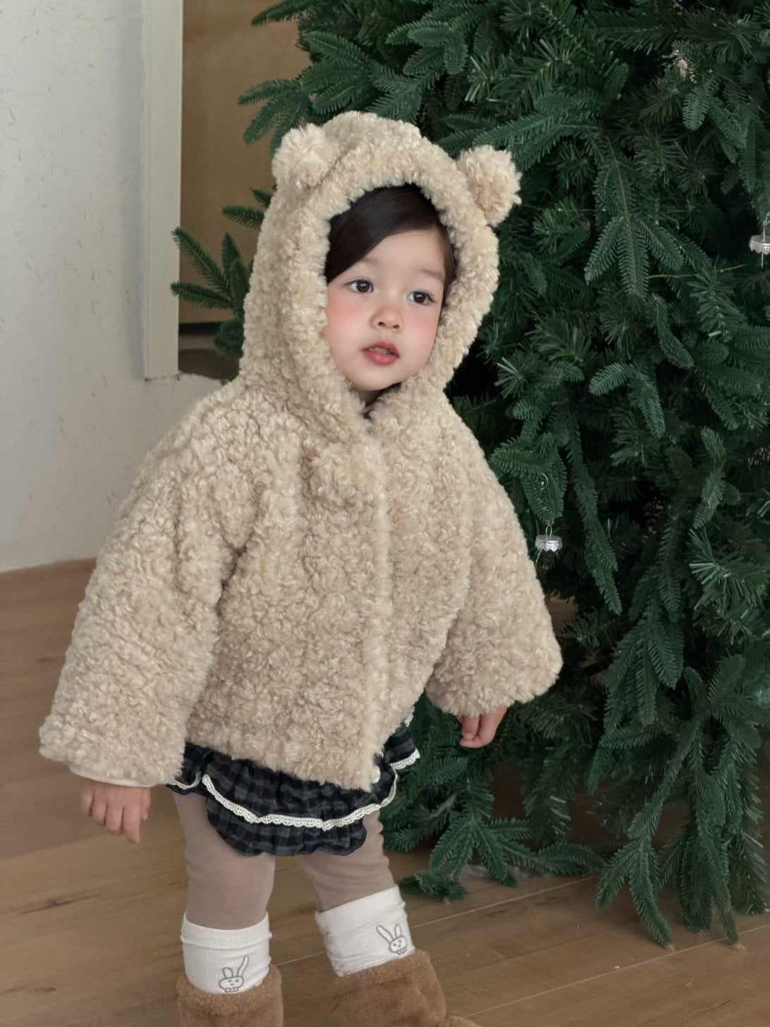 ショートコート・ジャケット・ジャンパー Plush Hooded Jacket (Khaki) / 73cm くま耳フーディボアジャケット アウター コート【mh0011926】