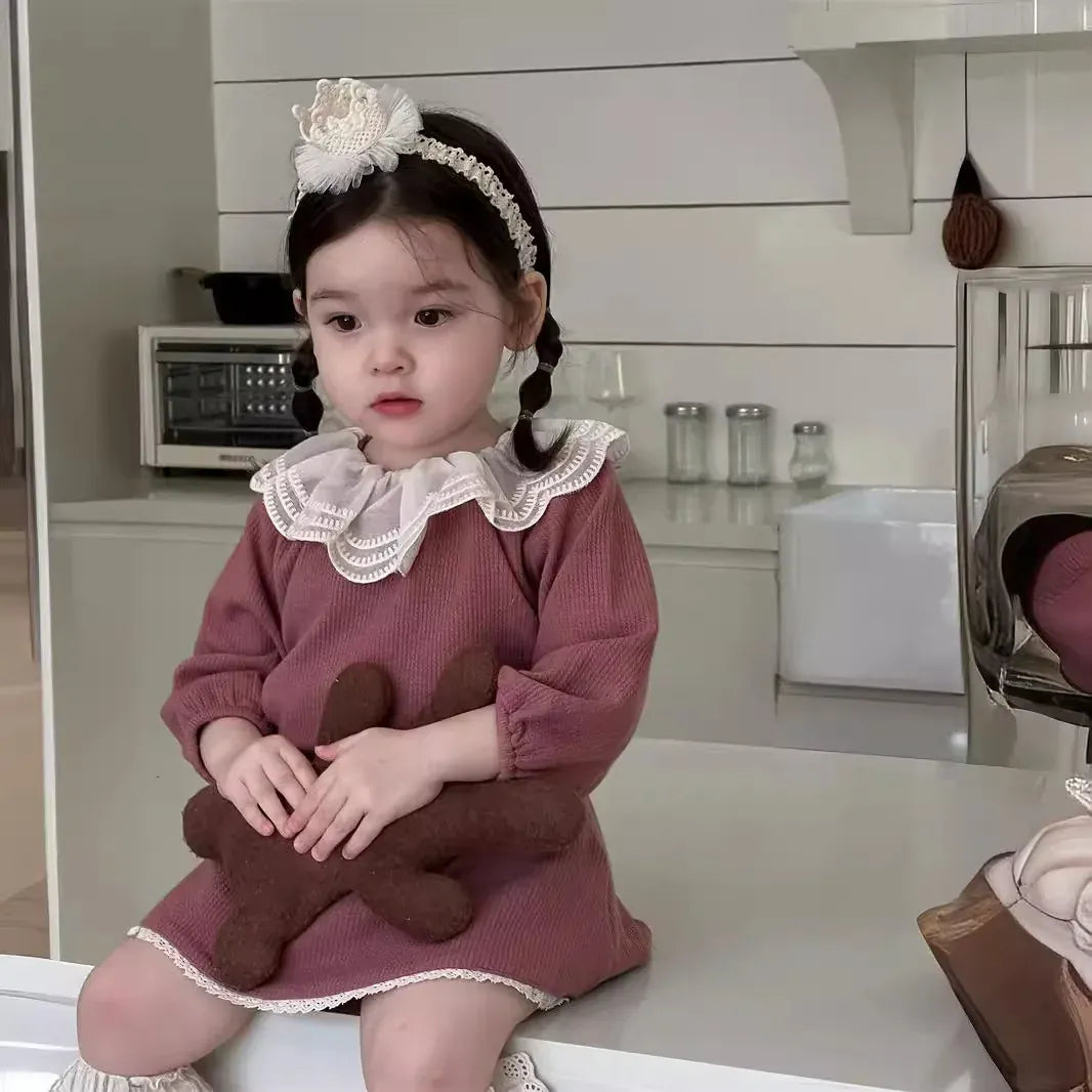 長袖ワンピース Purple / 9M  73CM ベビーワンピース レースフリルラッフル襟ウェストマーク長袖ワンピース【mh0008334】