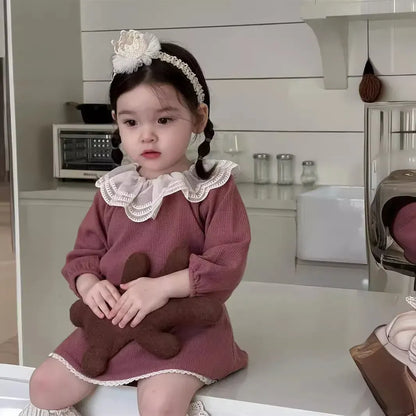 長袖ワンピース Purple / 9M  73CM ベビーワンピース レースフリルラッフル襟ウェストマーク長袖ワンピース【mh0008334】