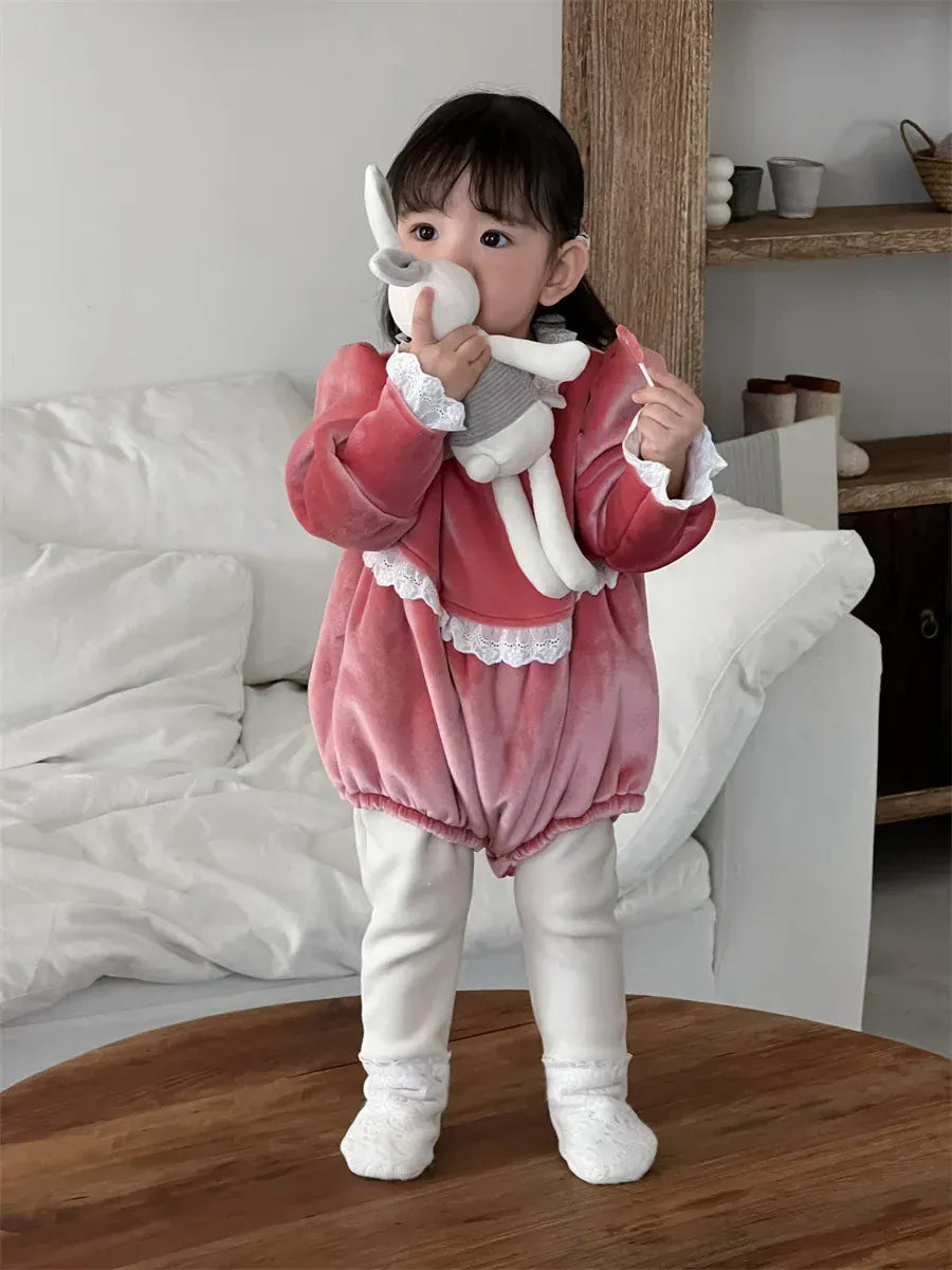 長袖ロンパース Red / 6M  66CM ベビーロンパース レースフリルフリース長袖ボディスーツ【mh-0008432】