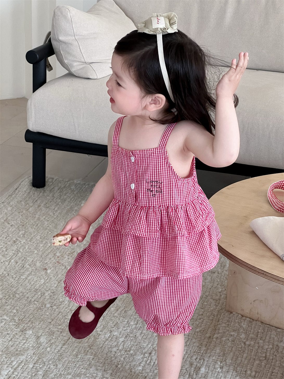 ノースリーブセットアップ Red / 73cm チェックキャミソールチュニック+バルーンショートパンツ【mh0009911】