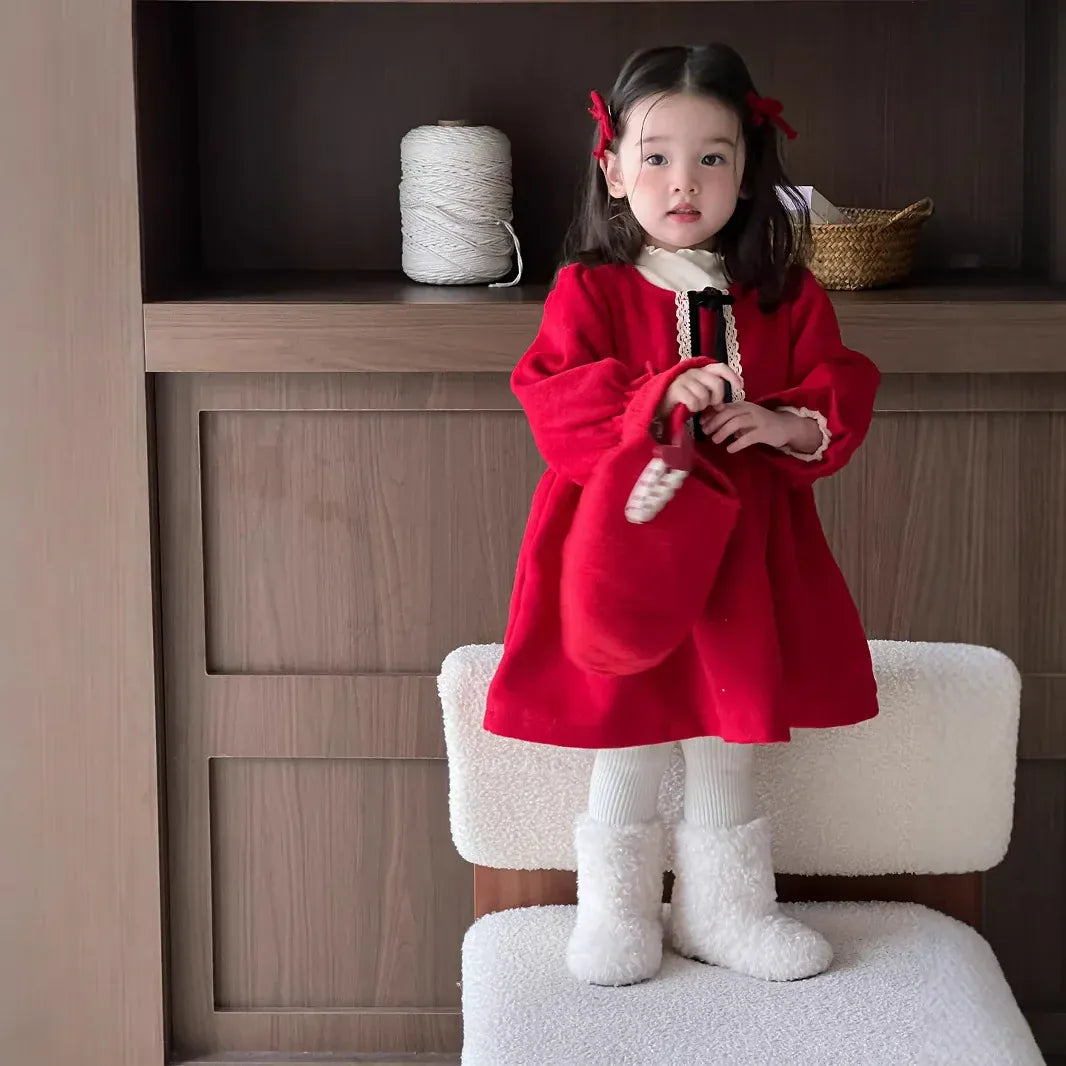 長袖ワンピース Red / 9M  73CM ベビーワンピース レースリボンフリルフリース長袖ワンピース【mh0008132】