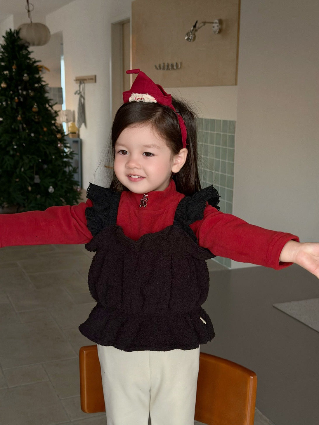 長袖セットアップ Red bottoming shirt / 73cm フリルキャミベスト/長袖Tシャツ/ロングフリースパンツ【mh0011927】