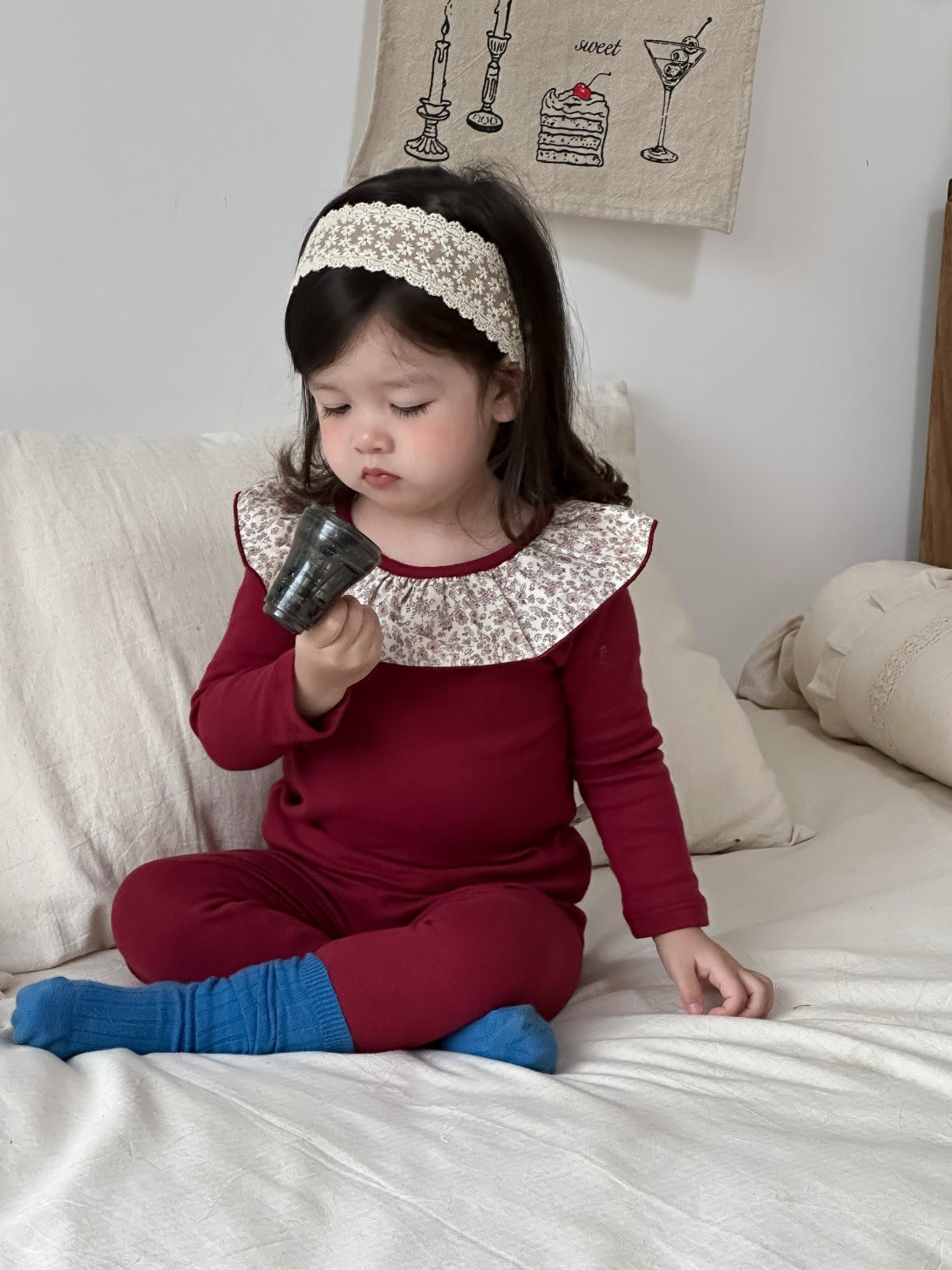 長袖セットアップ Red floral / 73cm 長袖パジャマセット Tシャツ+ロングパンツ プリント柄【mh0011934】