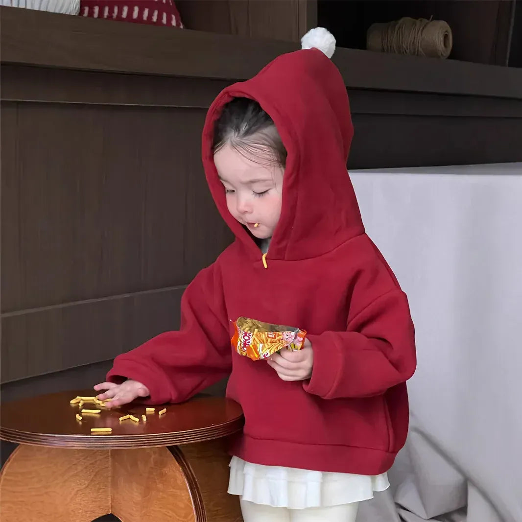 長袖セットアップ red sweatshirt / 9M  73CM ベビートップス/パンツ ぽんぽんフーディ長袖スウェットパーカー/レッグウォーマードッキングレギンスパンツ【mh0008140】