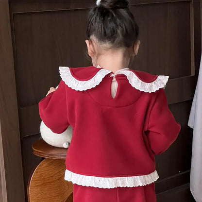 長袖セットアップ red tops / 9M  73CM ベビートップス/パンツ 無地/チェックレース丸襟長袖ブラウス/フロントスリットロングパンツ【mh0008105】