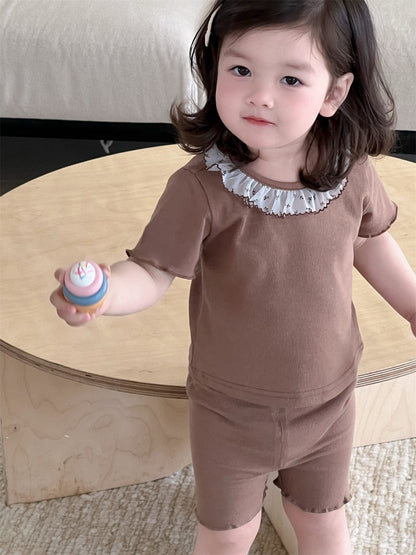 半袖セットアップ Set / 73cm フリル襟半袖Tシャツ+ショートレギンス/レースエプロンスカート【mh0009908】