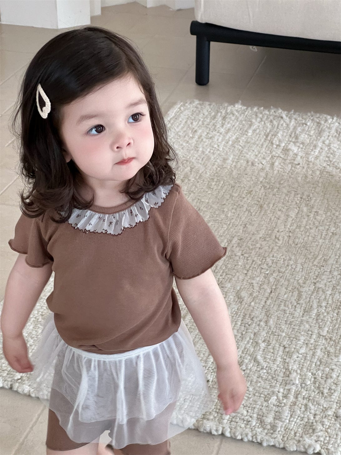 半袖セットアップ Skirt / 73cm フリル襟半袖Tシャツ+ショートレギンス/レースエプロンスカート【mh0009908】