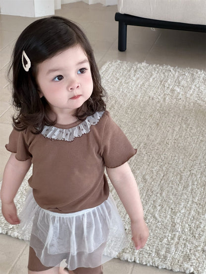 半袖セットアップ Skirt / 73cm フリル襟半袖Tシャツ+ショートレギンス/レースエプロンスカート【mh0009908】