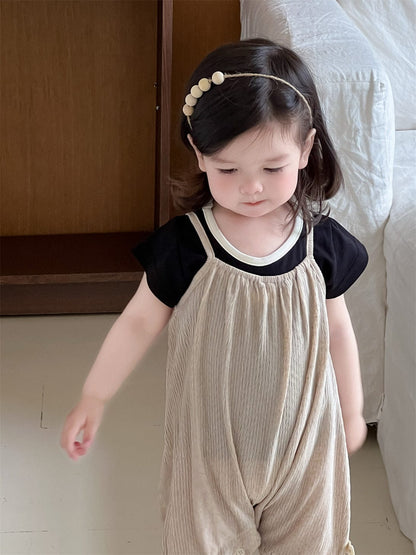 半袖セットアップ Sling jumpsuit / 66cm バイピング半袖Tシャツ/シンプルキャミソールジャンプスーツ【mh0009919】