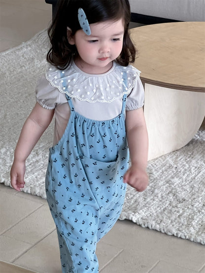 半袖セットアップ Sling jumpsuit / 73cm レースラッフル襟半袖Tシャツ/フラワー小花柄プリントキャミソールジャンプスーツ【mh0009902】