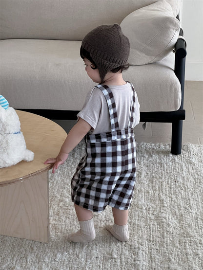 半袖セットアップ Strap shorts / 73cm 半袖Tシャツ/ブロックチェックサスペンダーパンツサロペット【mh0009925】