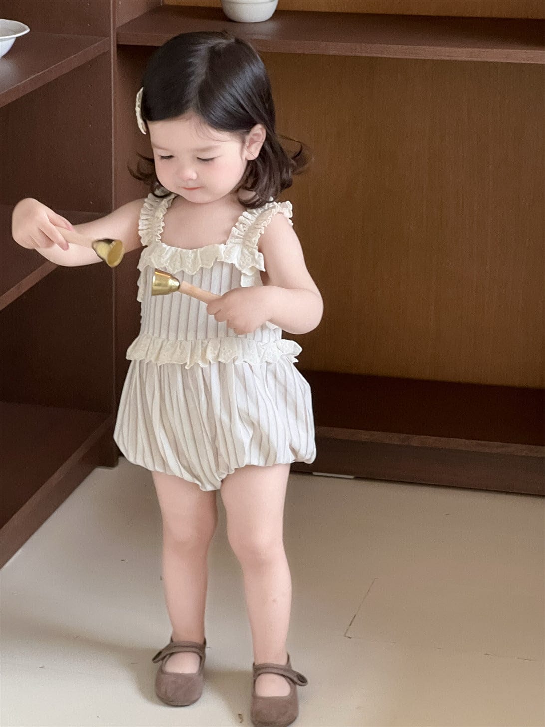 ノースリーブロンパース Stripe / 66cm チェック/ストライプフリルキャミソールバルーンロンパース【mh0009895】