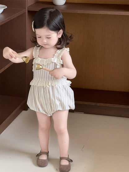 ノースリーブロンパース Stripe / 66cm チェック/ストライプフリルキャミソールバルーンロンパース【mh0009895】