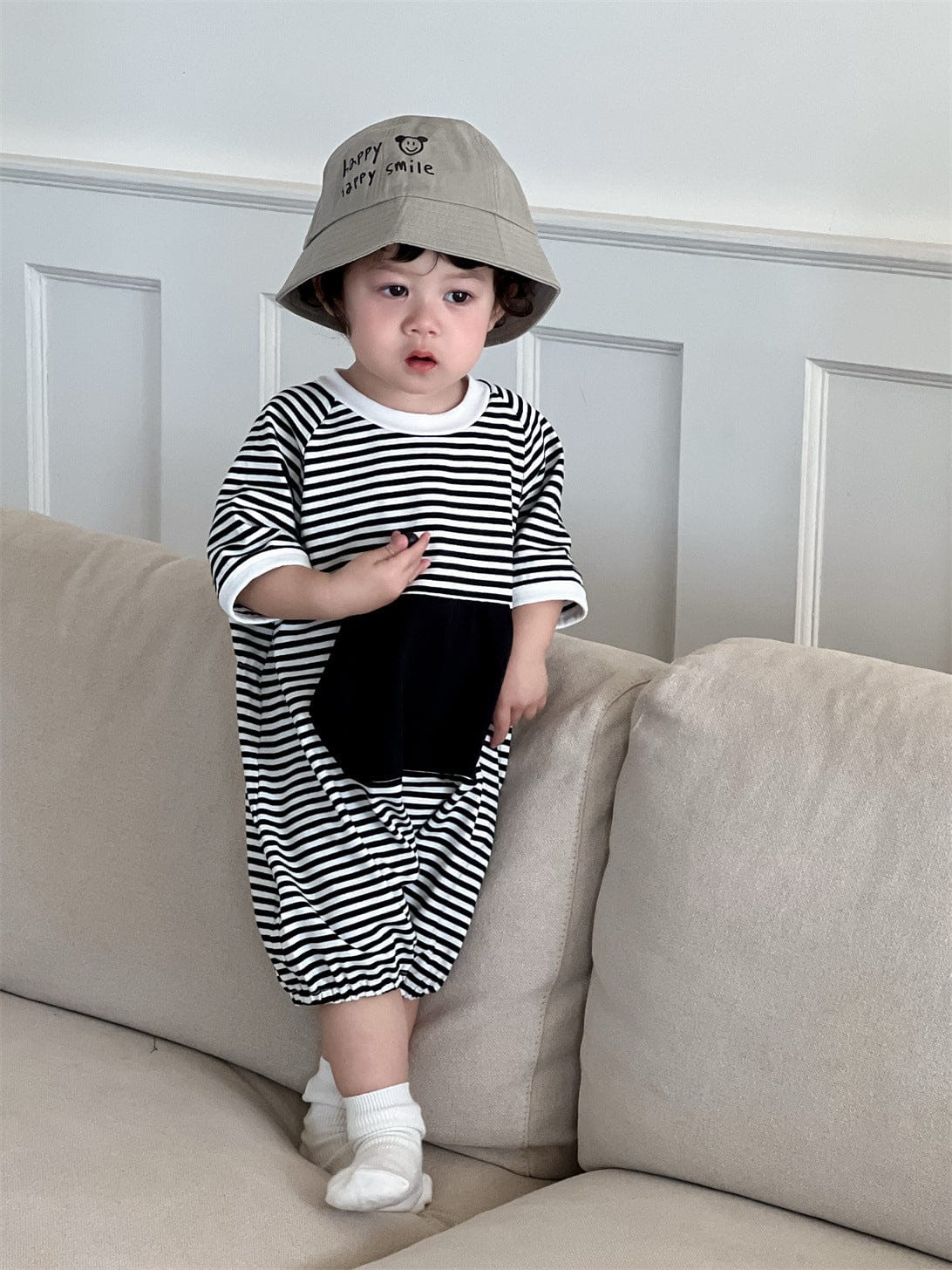 半袖ジャンプスーツ Stripe / 66cm ビッグポケットボーダー半袖ジャンプスーツ【mh0009915】