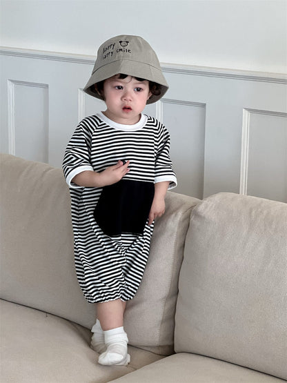 半袖ジャンプスーツ Stripe / 66cm ビッグポケットボーダー半袖ジャンプスーツ【mh0009915】